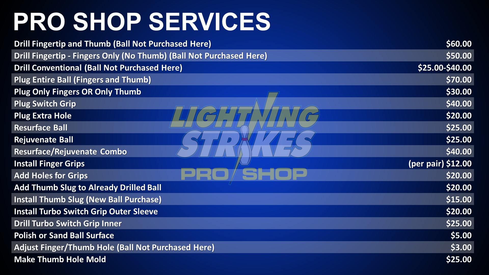 A list of prices of services offered by the pro shop.